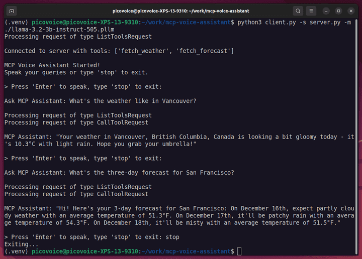 MCP Voice Assistant example output in the terminal