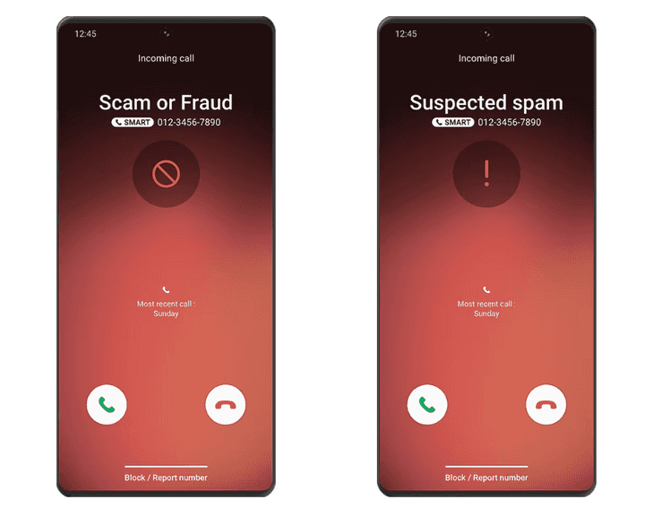 Samsung Smart Call getting a call from an unknown number flagged as a scam or fraud, with options to block or report the number.